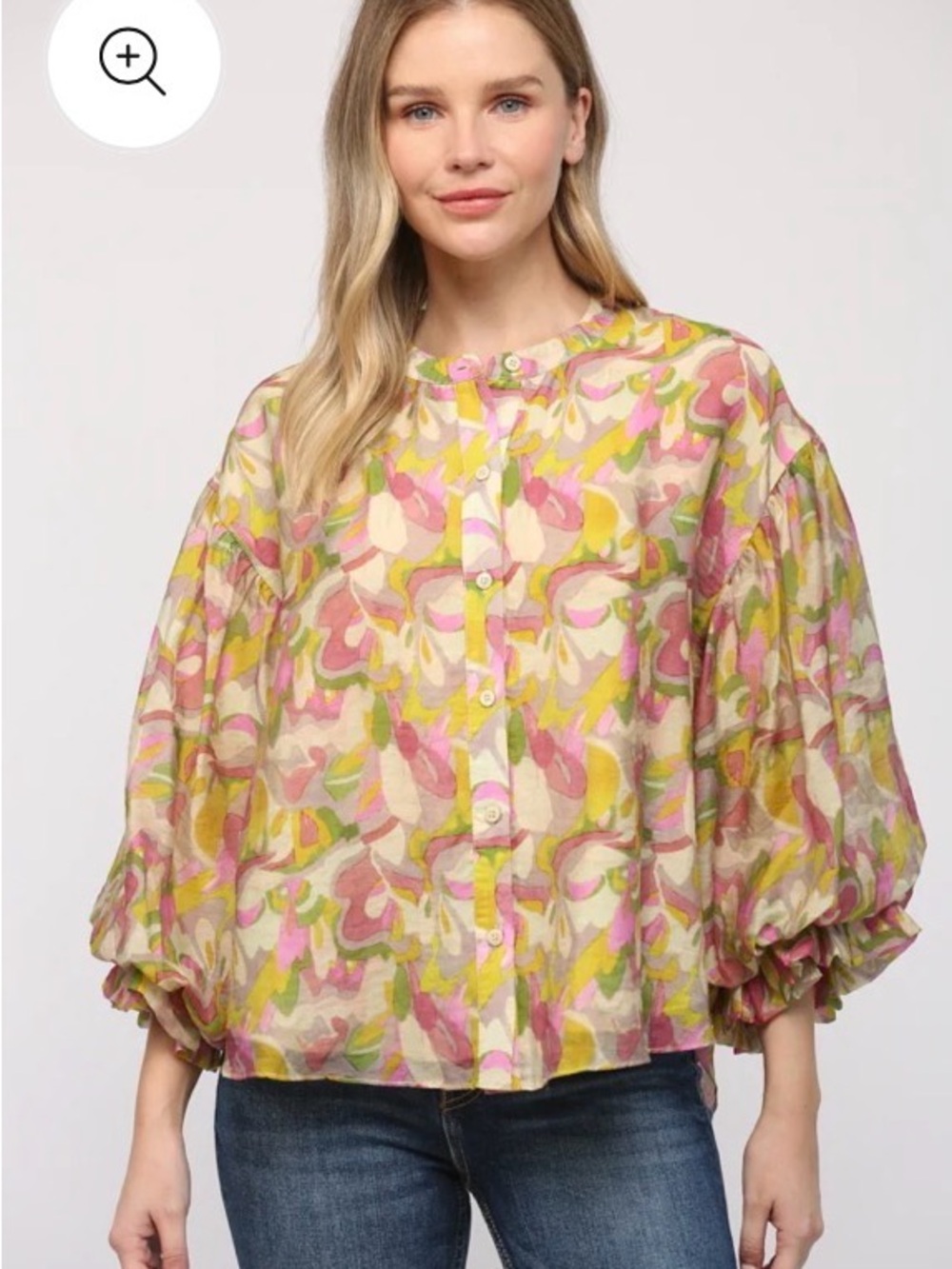 Fate Pink and Yellow Abstract Floral Button-Down Blouse